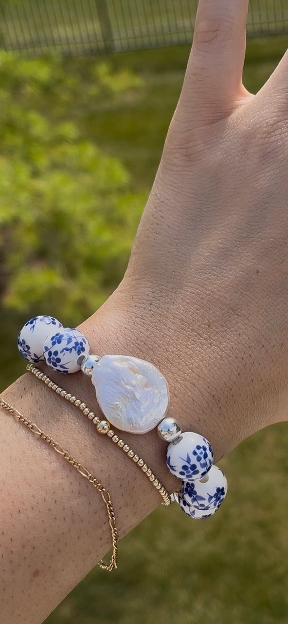Large coin pearl blue floral