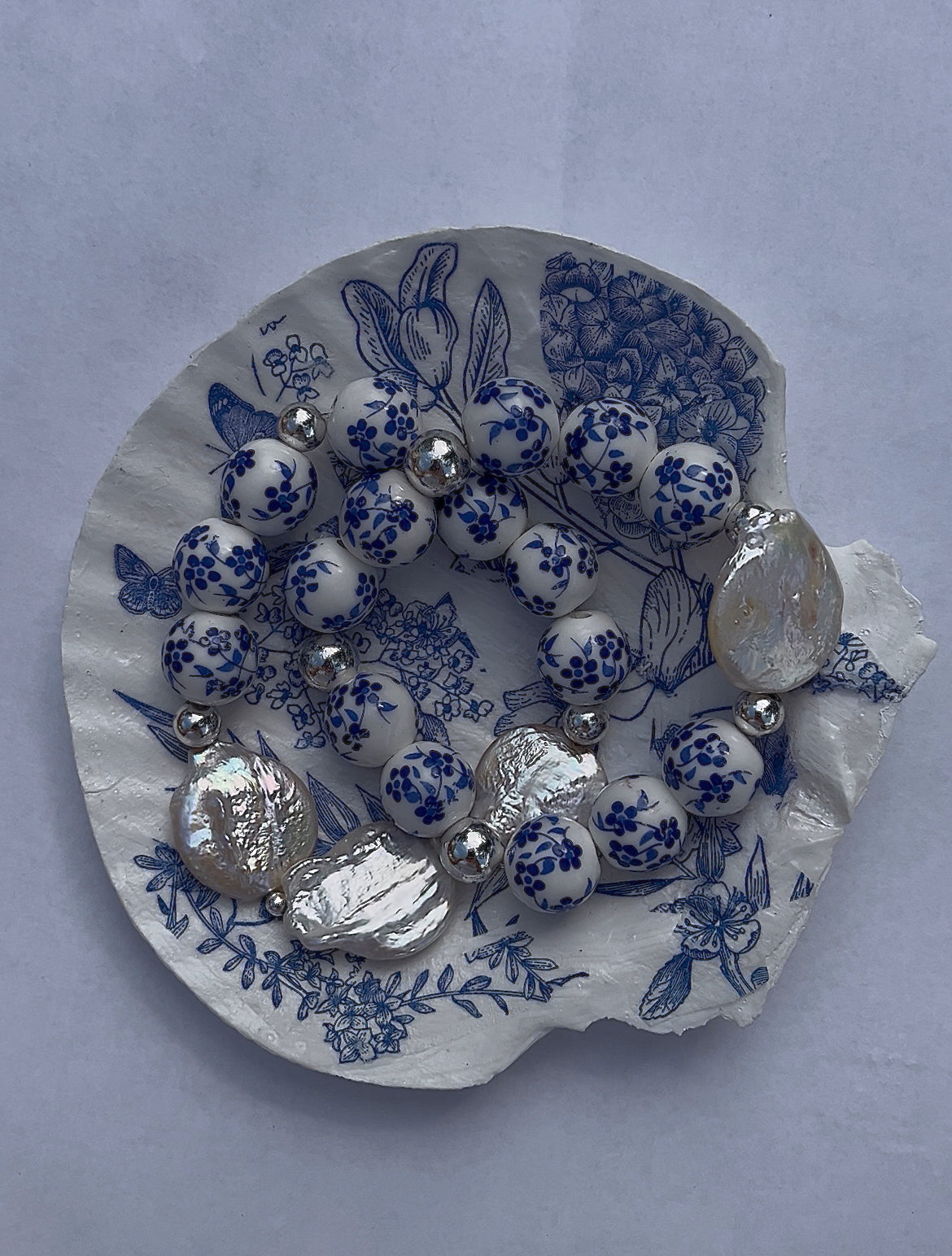 Large coin pearl blue floral