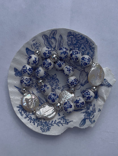 Large coin pearl blue floral