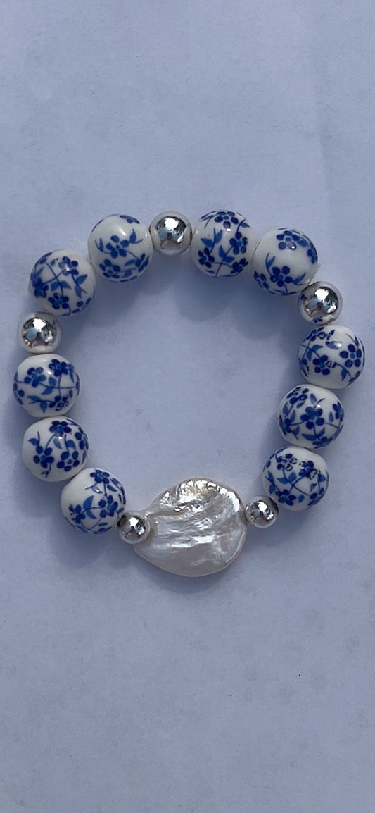 Large coin pearl blue floral