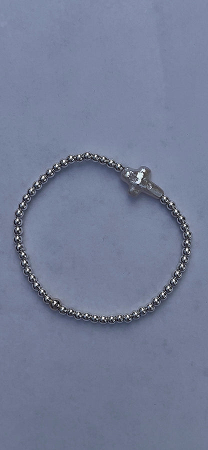 Silver hematite + pearl cross