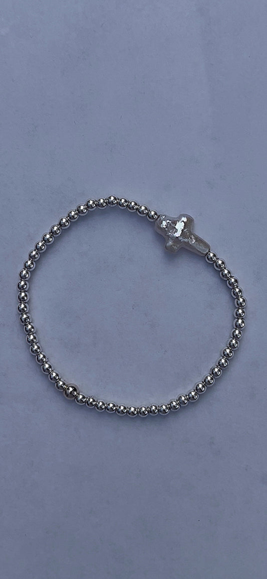 Silver hematite + pearl cross