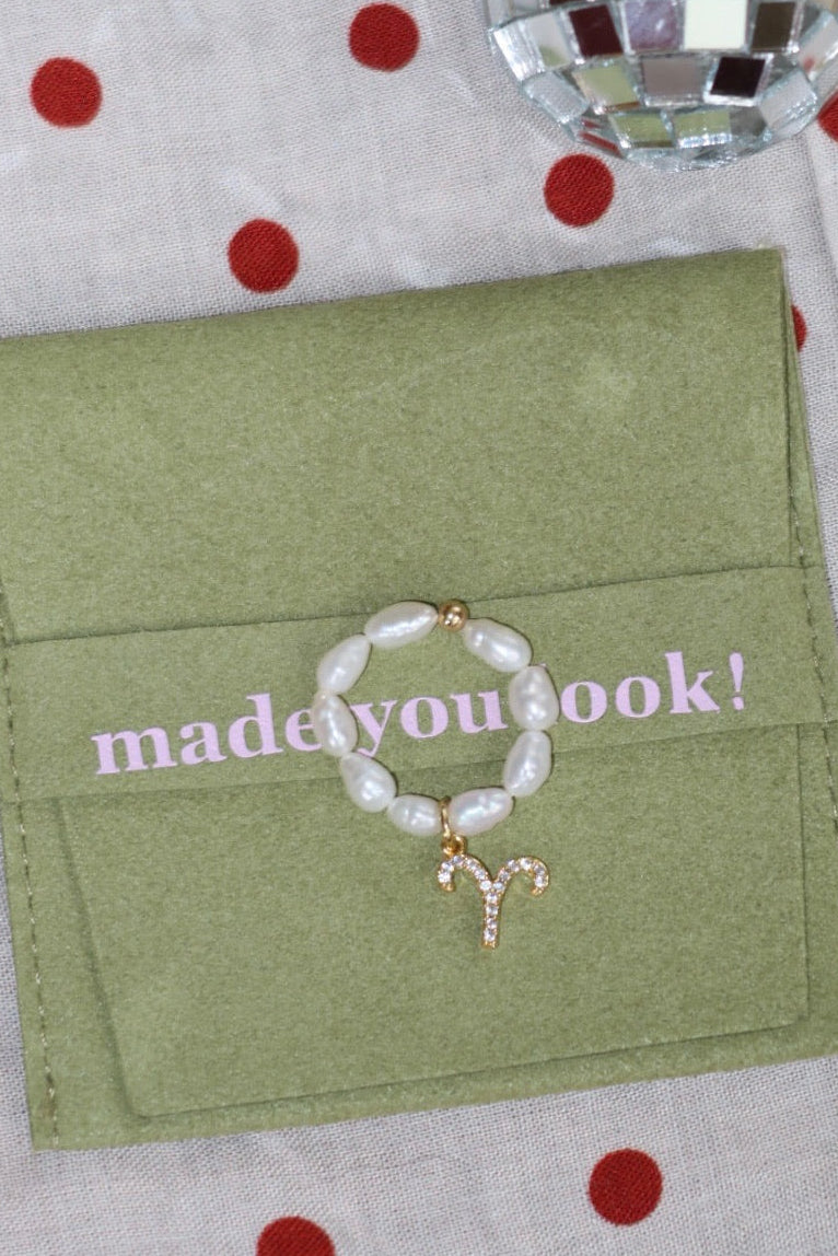Zodiac pearl charm ring